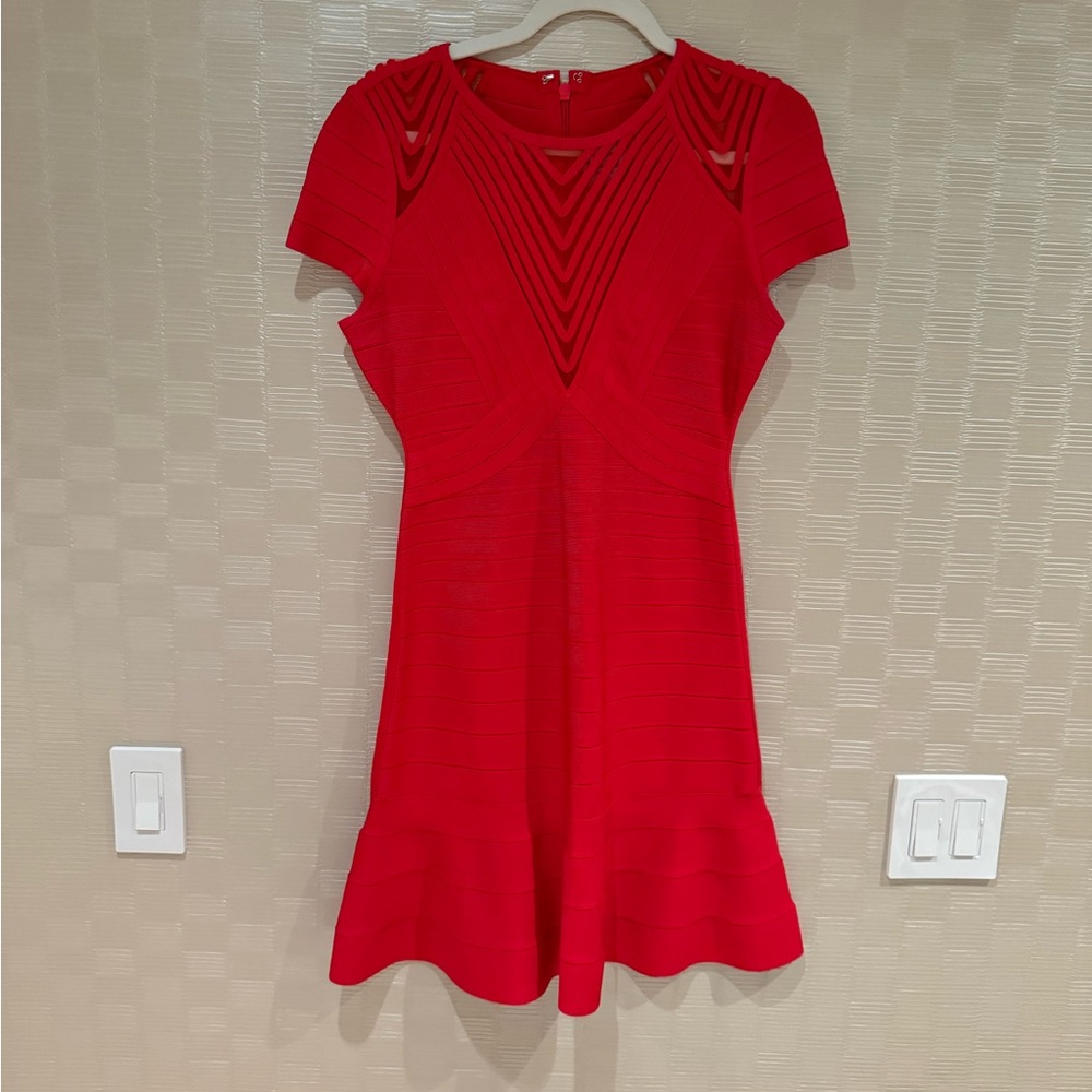 Red Herve Leger Short Sleeve Bandage Dress with Panels